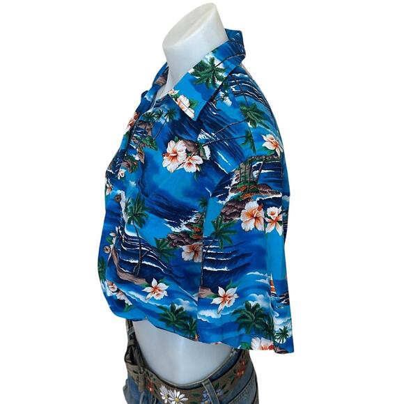 Hawaiian Shirt Blue Tropical Button Up Crop Top One Size Boxy Coconutgirl Unique - Picture 3 of 6
